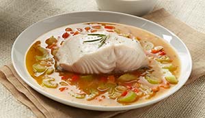 OLIVE OIL POACHED ALASKA BLACK COD WITH HERB BROTH